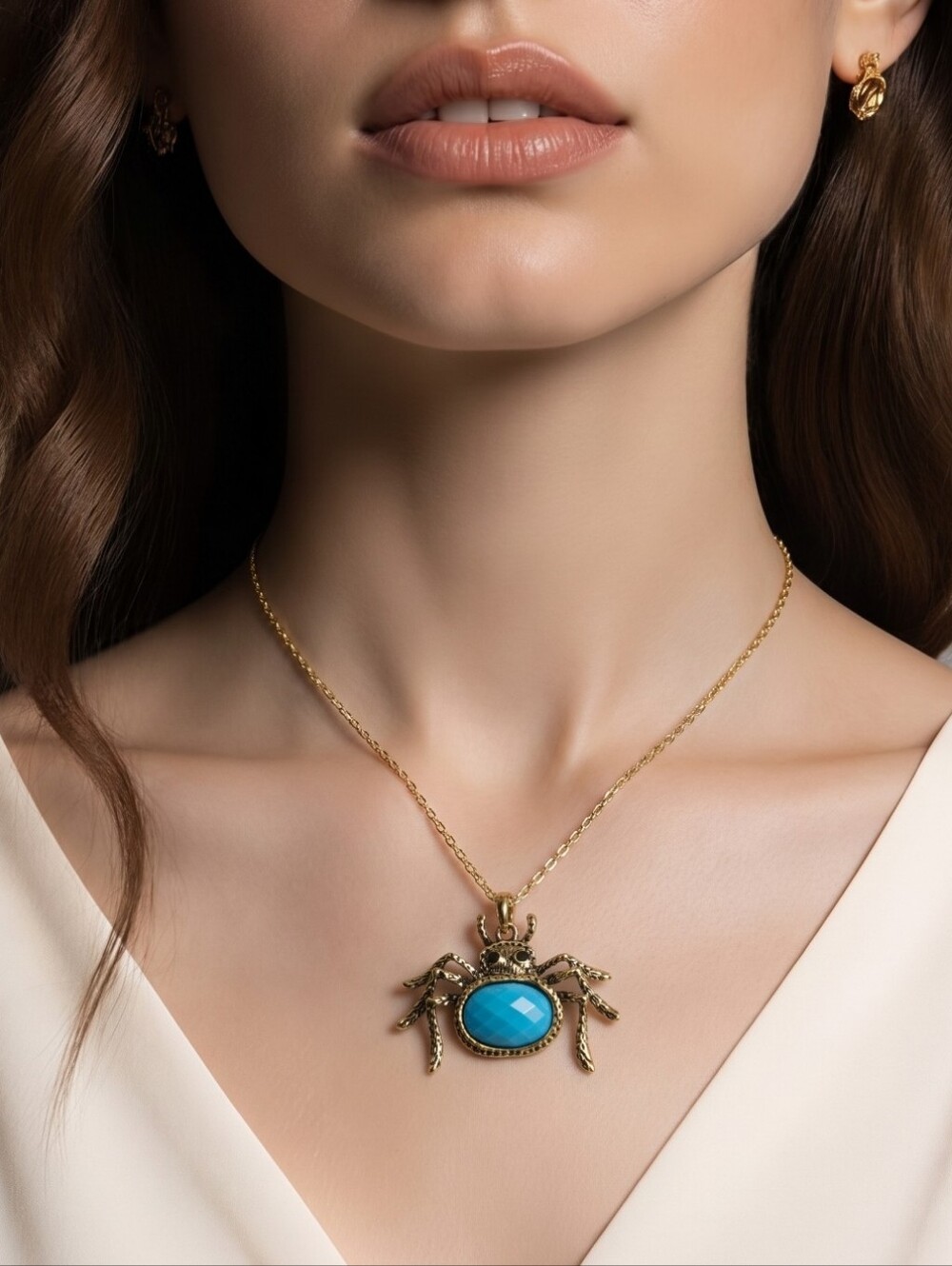 Gold-tone Spider Pendant Necklace with Turquoise Stone